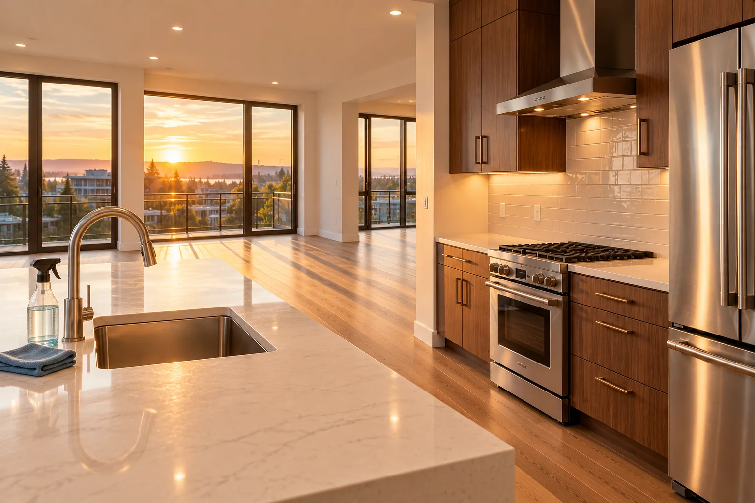 Pristine vacant apartment kitchen with cleaning supplies — AI-generated service illustration
